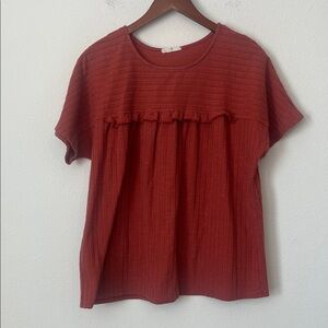 ENTRO Orange Ruffle Accent Short Sleeve Boxy Top